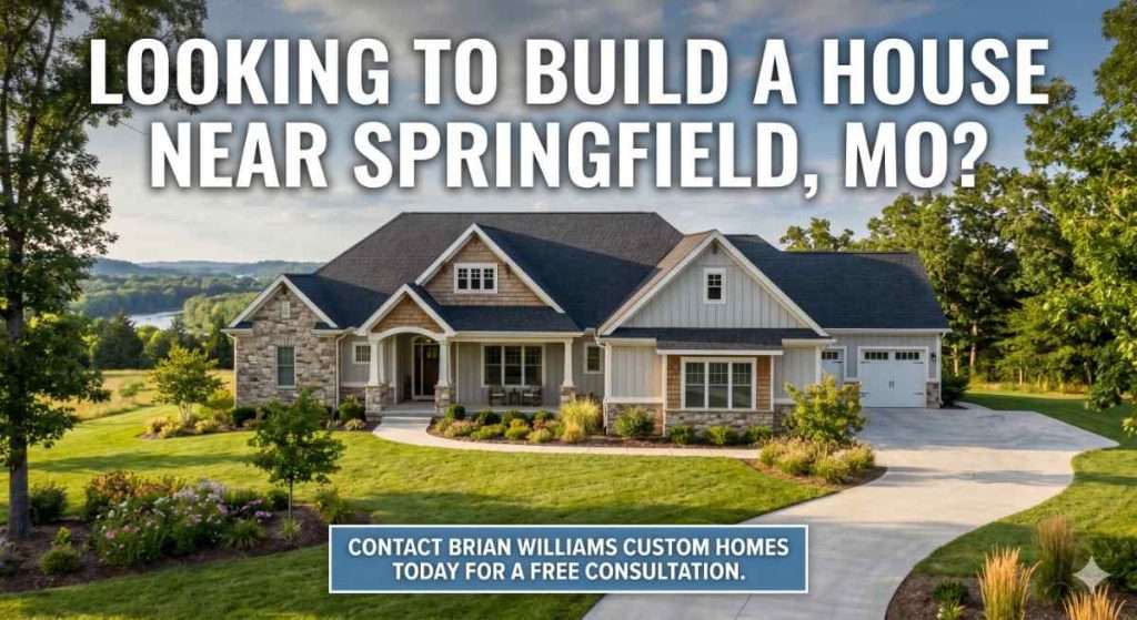 A premium custom craftsman home built by Brian Williams Custom Homes in the Springfield, MO area, showcasing natural stone accents, a landscaped lawn, and scenic rolling hills, inviting a free consultation.