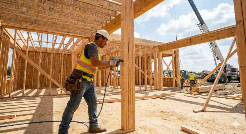Photo of a construction company worker working on the framing of a house.