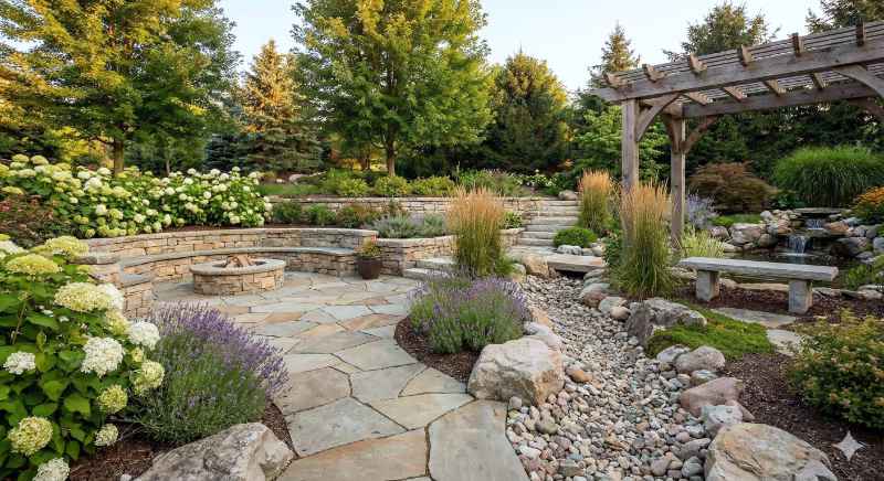 Beautiful landscaping with natural stone hardscape in a backyard.
