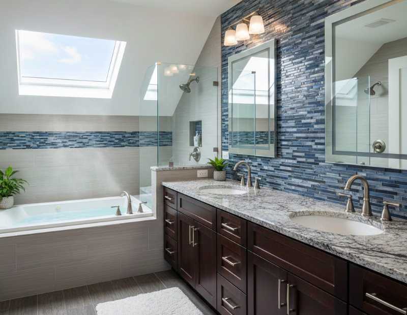 Freshly remodeled bathroom with gorgeous dual sink vanity accented with dark cabinets, granite counters and mosaic backsplash, and skylight over jetted tub and walk-in shower.