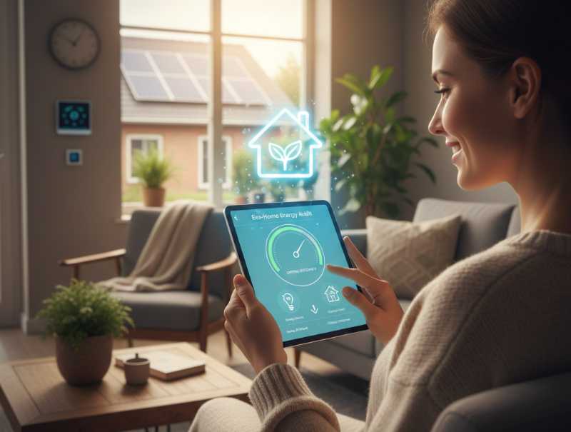 A woman is checking here home energy efficiency on a tablet app.